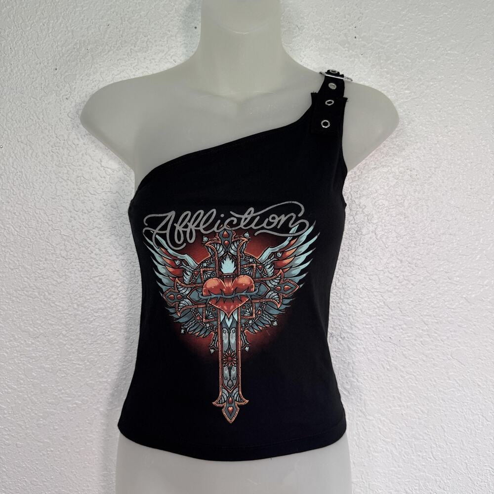 Affliction Tank Top Womens Small Rosary One Shoulder Cami Buckle Heart Cross Y2K